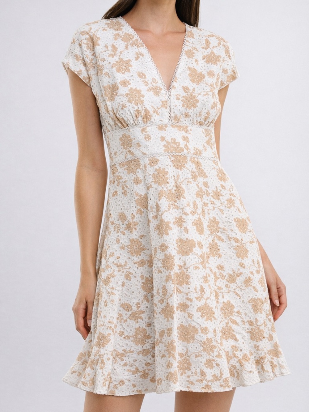 🆕✨Taylor White Tan Eyelet Lace Dress Size 14 Floral Fit Flare Cottagecore Boho